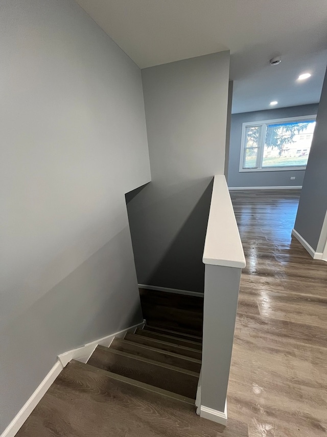 stairs with hardwood / wood-style flooring