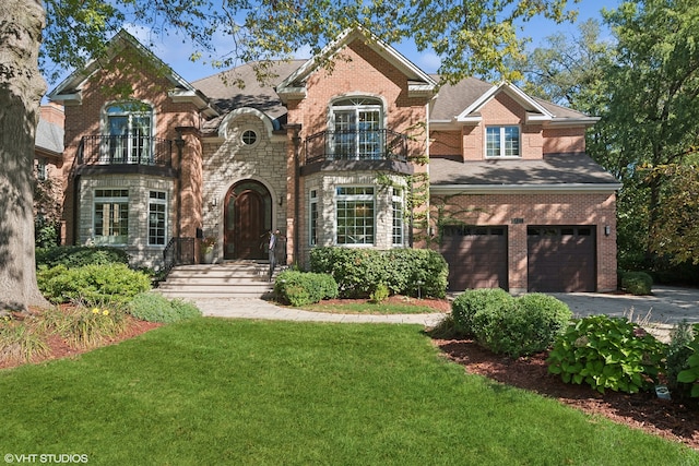 view of front of property with a front yard, a balcony, and a garage