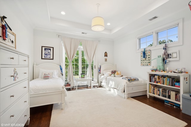 bedroom featuring a raised ceiling and dark hardwood / wood-style floors