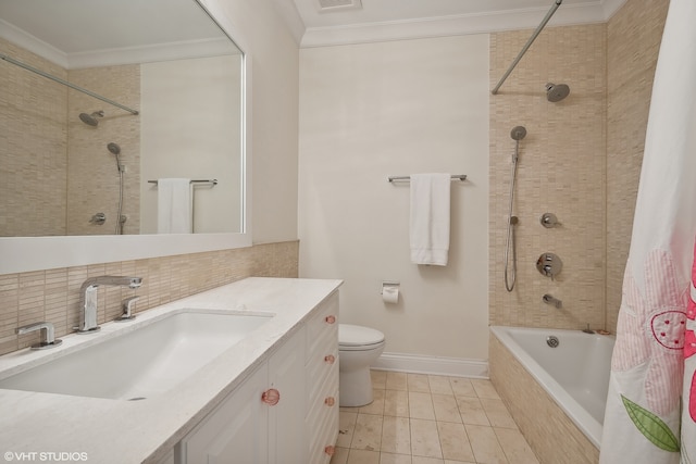 full bathroom with shower / tub combo with curtain, toilet, tile patterned floors, vanity, and crown molding