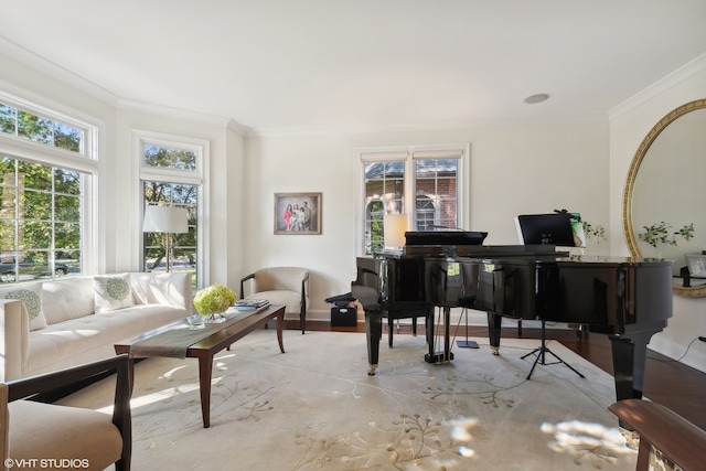 living area featuring crown molding and light wood-type flooring