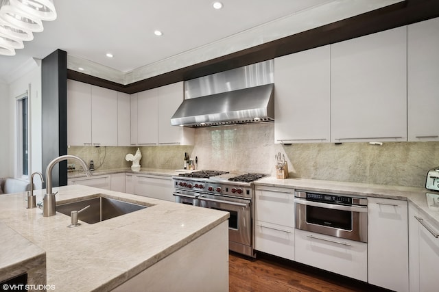 kitchen with dark hardwood / wood-style floors, wall chimney exhaust hood, sink, white cabinetry, and appliances with stainless steel finishes