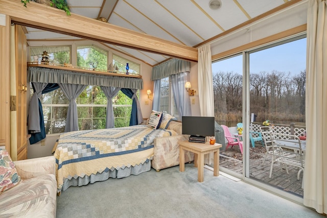 carpeted bedroom with lofted ceiling with beams and access to outside