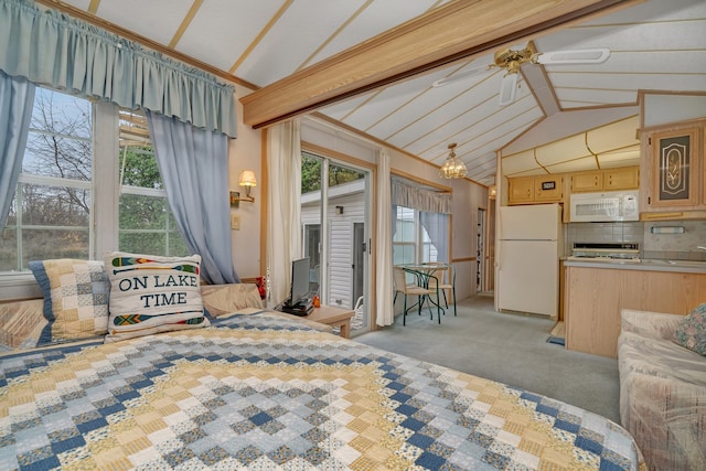 bedroom featuring multiple windows, light carpet, white refrigerator, and lofted ceiling with beams