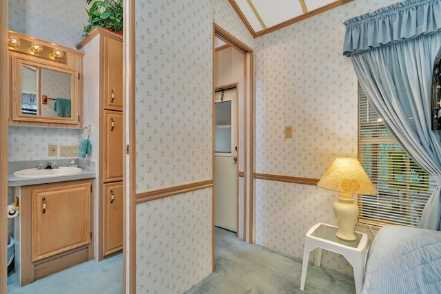 interior space featuring vanity, lofted ceiling, and crown molding