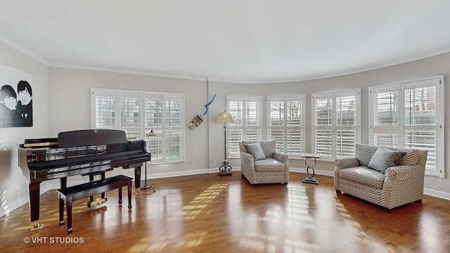 living area with crown molding