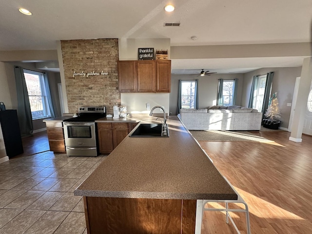 kitchen featuring light hardwood / wood-style flooring, stainless steel electric range oven, a healthy amount of sunlight, and sink