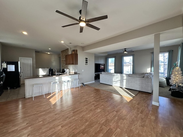 living room featuring ceiling fan, a healthy amount of sunlight, and light wood-type flooring