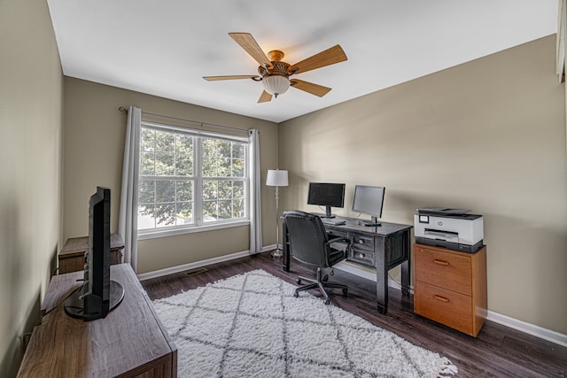 office space with ceiling fan and dark hardwood / wood-style flooring