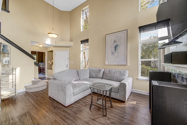 living room with hardwood / wood-style floors, a healthy amount of sunlight, and a high ceiling