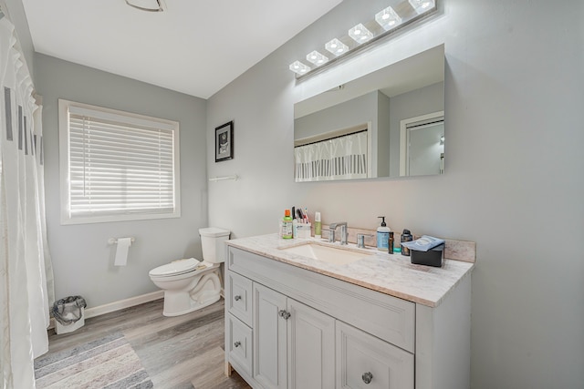 bathroom featuring vanity, hardwood / wood-style flooring, and toilet