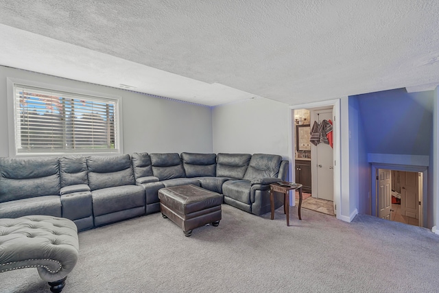 living room featuring a textured ceiling and carpet flooring