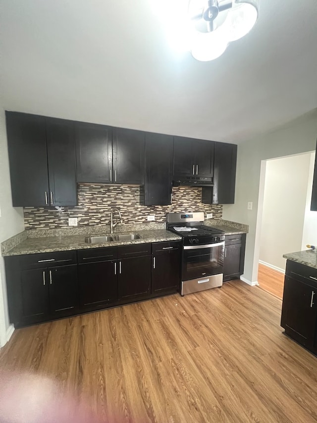 kitchen featuring tasteful backsplash, light hardwood / wood-style flooring, stainless steel range oven, stone countertops, and sink