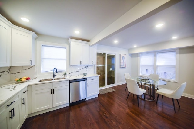 kitchen featuring white cabinets, tasteful backsplash, and stainless steel dishwasher