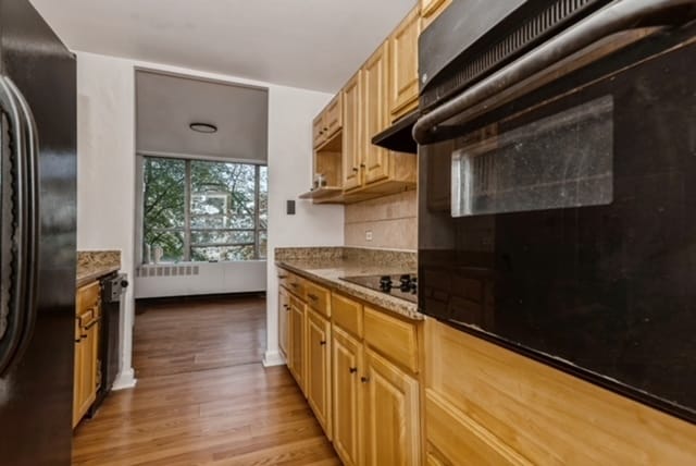 kitchen with light hardwood / wood-style flooring, dark stone countertops, black appliances, and backsplash