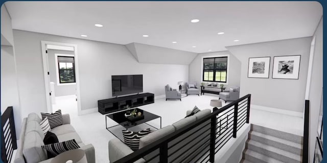 living room featuring vaulted ceiling and light colored carpet