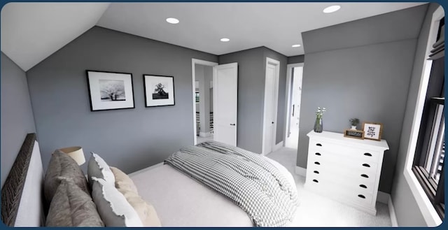 carpeted bedroom featuring lofted ceiling