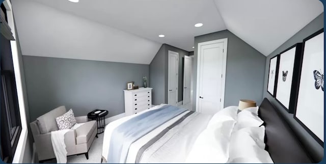 carpeted bedroom featuring lofted ceiling