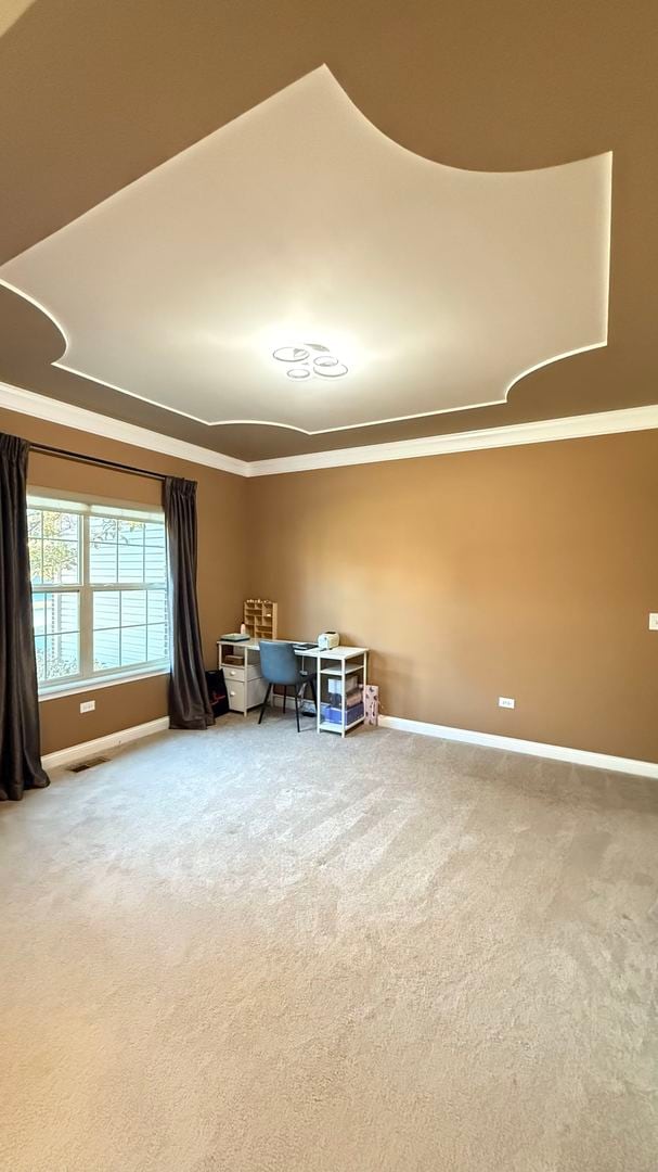 interior space featuring carpet flooring and ornamental molding