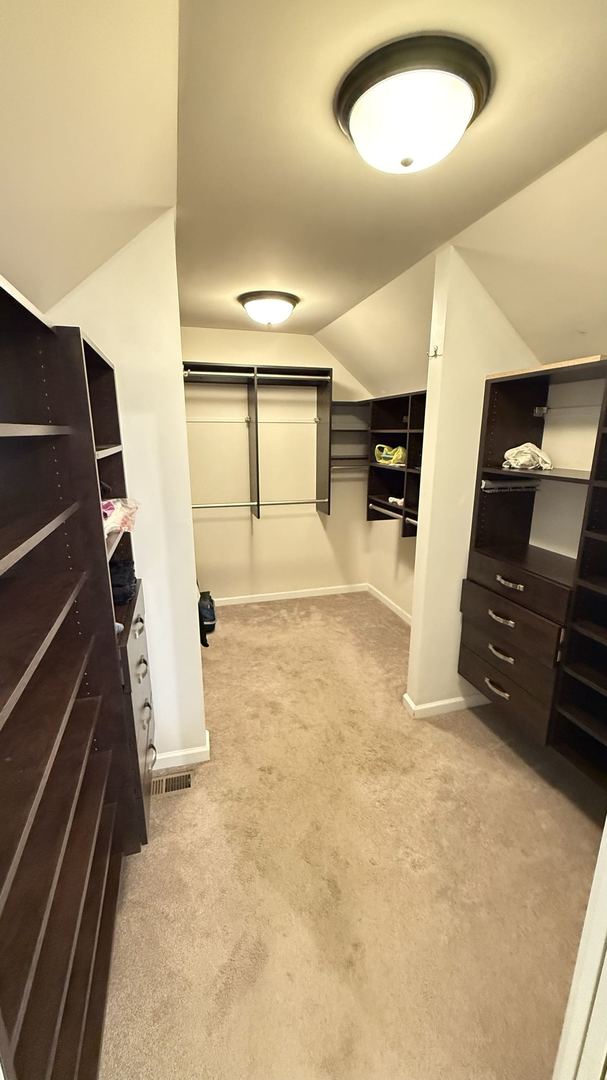 spacious closet featuring light carpet and lofted ceiling