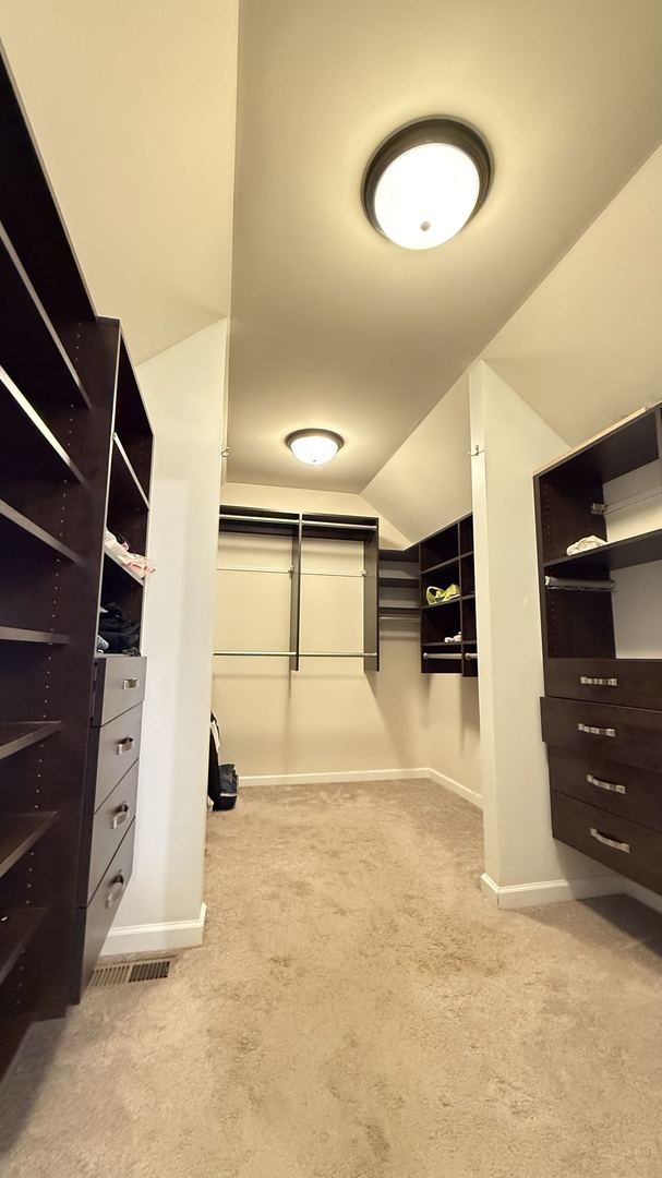 walk in closet with vaulted ceiling and light colored carpet