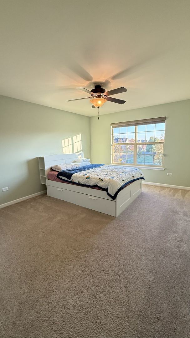 unfurnished bedroom featuring ceiling fan and carpet floors