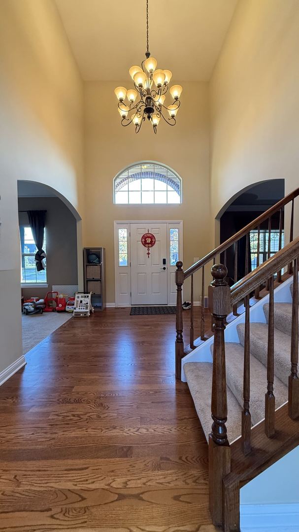 entrance foyer with a chandelier, a high ceiling, a wealth of natural light, and dark hardwood / wood-style flooring