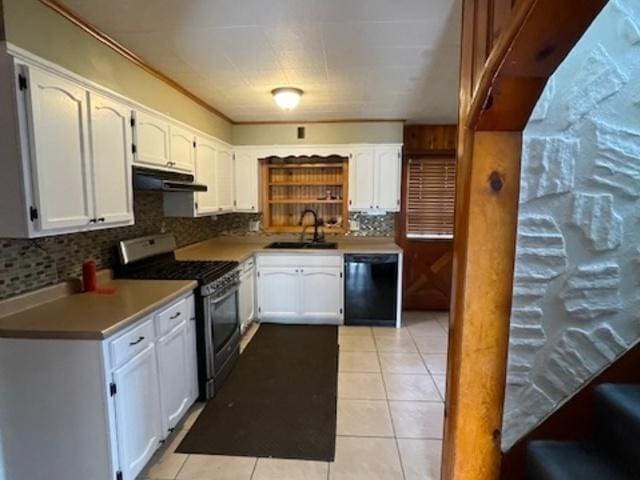 kitchen with gas stove, black dishwasher, decorative backsplash, light tile patterned floors, and under cabinet range hood