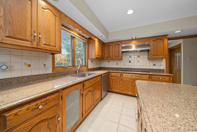 kitchen featuring black electric stovetop, backsplash, exhaust hood, sink, and dishwasher