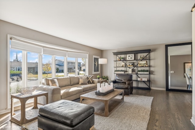 living room featuring dark wood-type flooring