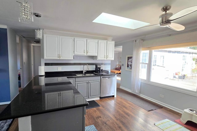 kitchen featuring white cabinets, ceiling fan, stainless steel dishwasher, dark wood-type flooring, and sink