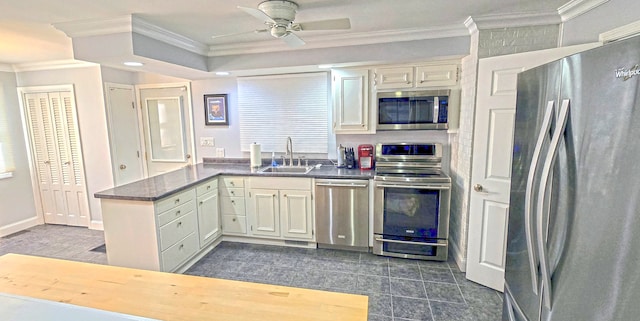 kitchen with appliances with stainless steel finishes, sink, kitchen peninsula, ceiling fan, and ornamental molding