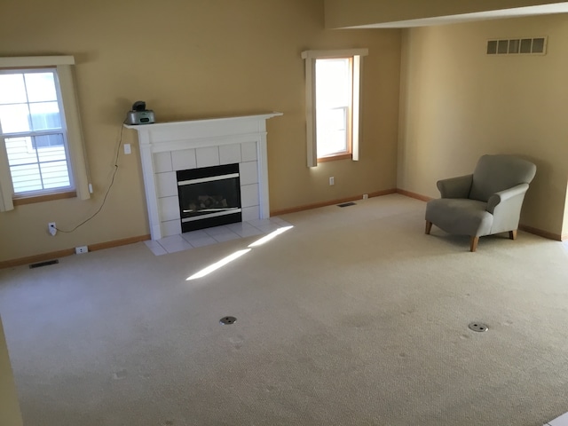 unfurnished living room with light carpet, a fireplace, and a healthy amount of sunlight