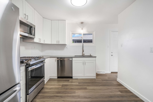 kitchen featuring white cabinets, stainless steel appliances, sink, and dark hardwood / wood-style floors