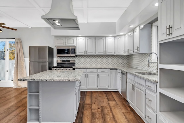 kitchen with sink, stainless steel appliances, wall chimney exhaust hood, and dark hardwood / wood-style flooring