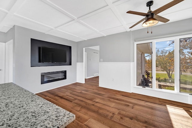 unfurnished living room featuring ceiling fan, coffered ceiling, and dark hardwood / wood-style floors