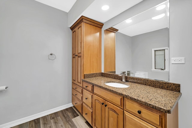 bathroom with vanity and wood-type flooring