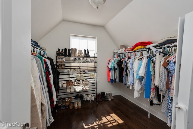 walk in closet with dark hardwood / wood-style flooring and lofted ceiling