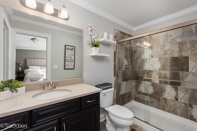 bathroom with toilet, a shower with door, and ornamental molding