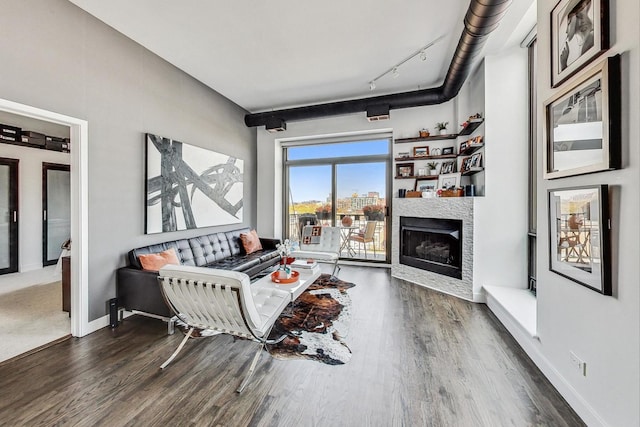 living room featuring rail lighting, dark hardwood / wood-style floors, and a fireplace