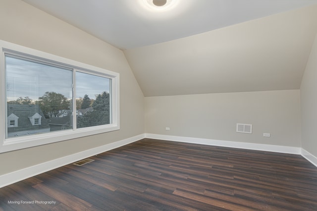 additional living space featuring dark wood-type flooring and lofted ceiling