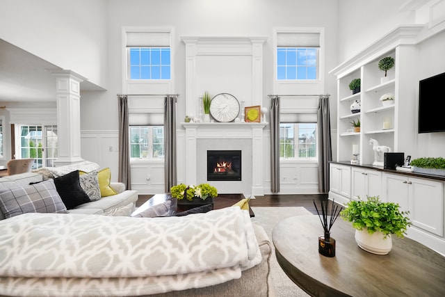 living room with dark wood-type flooring, a healthy amount of sunlight, and a high ceiling