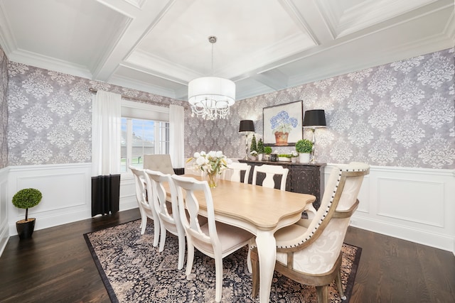 dining area with dark hardwood / wood-style flooring, ornamental molding, coffered ceiling, beam ceiling, and an inviting chandelier