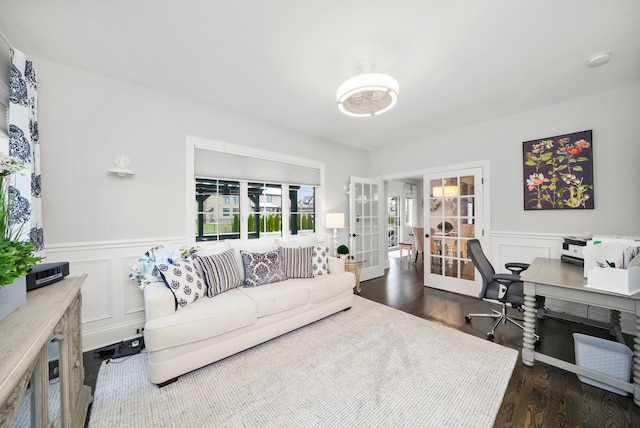 office area featuring dark hardwood / wood-style floors and french doors