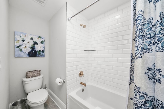 bathroom with toilet and shower / bathtub combination with curtain