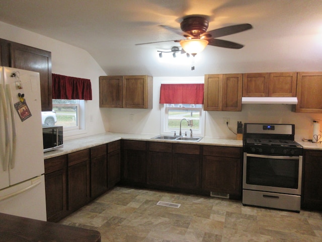 kitchen with ceiling fan, appliances with stainless steel finishes, sink, and plenty of natural light