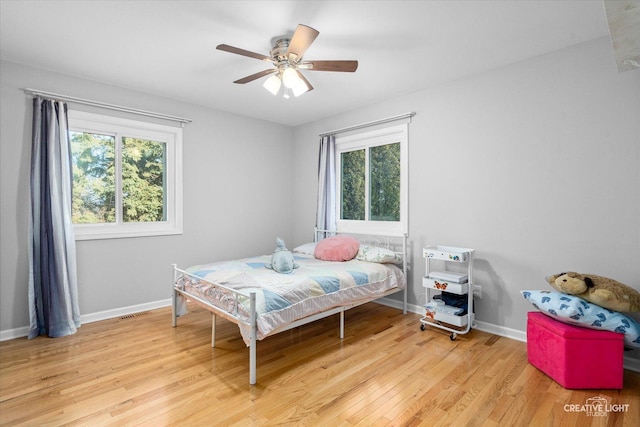 bedroom featuring ceiling fan and light hardwood / wood-style flooring