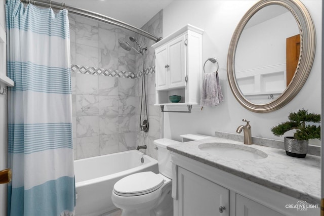 full bathroom with shower / bath combination with curtain, vanity, and toilet