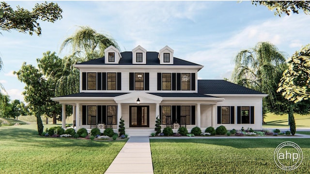 colonial inspired home featuring a front lawn and covered porch