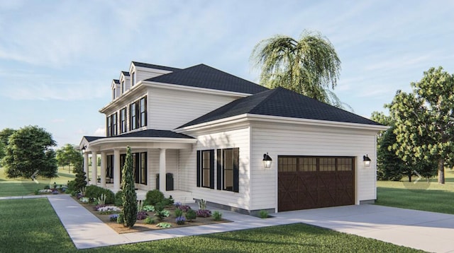 view of front of property with a front yard, covered porch, and a garage